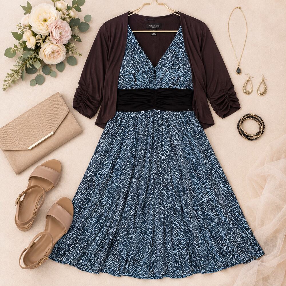 2 Pc Blue Print‎ Dress & Brown Jacket Set 16 Empire Waist Church Brunch Wedding